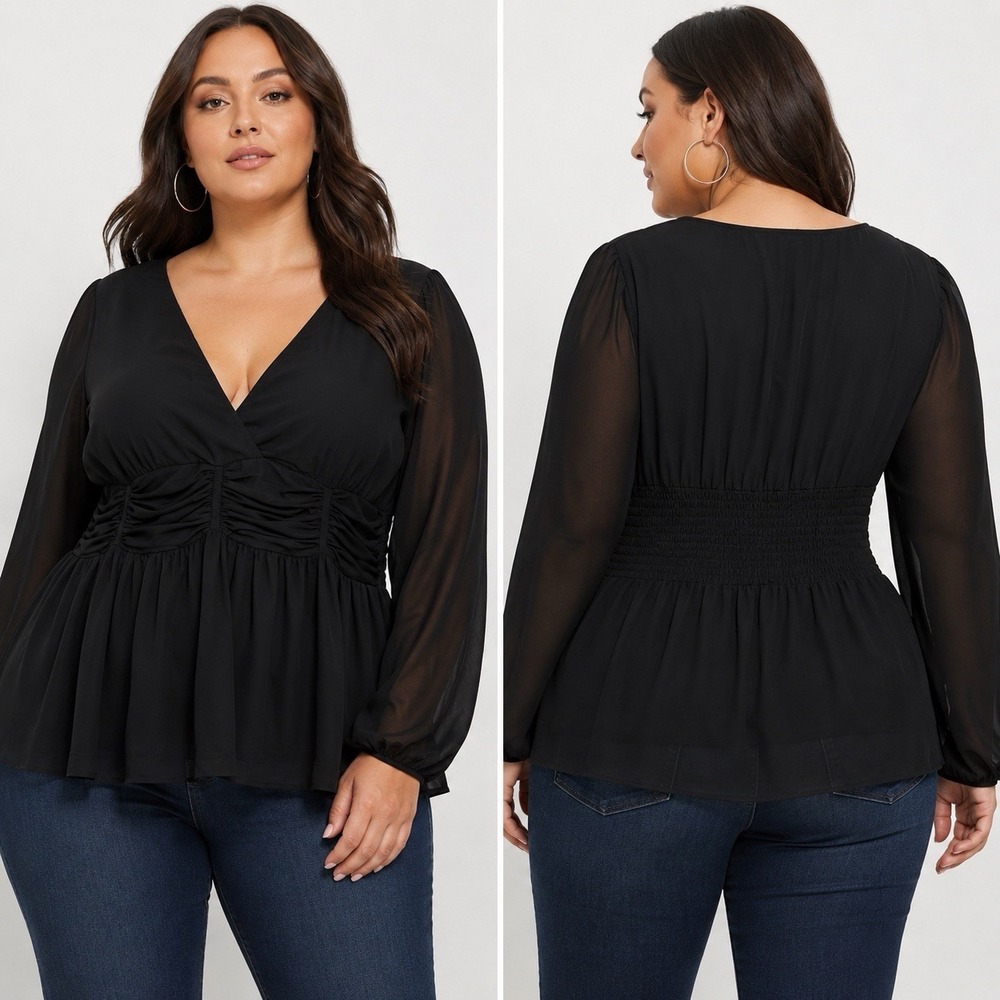 City Chic Black Ruched Peplum Blouse Women's M/18 Sheer Long Sleeve V-Neck Top